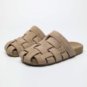 IMG11159 1 Closed Toe Suede Slides,Soft Footbed Mule Sandals,Japanese Style Suede Slides,Calf Suede Comfort Shoes,Woven Closed Toe Sandals