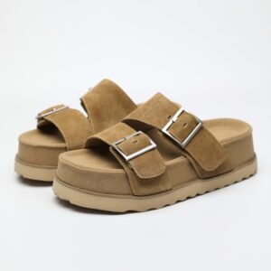 IMG11199 1 5CM Hidden Lift Sandals,Soft Footbed Slide Sandals,Double Buckle Suede Sandals,Japanese Style Footbed Sandals,Calf Suede Comfort Sandals