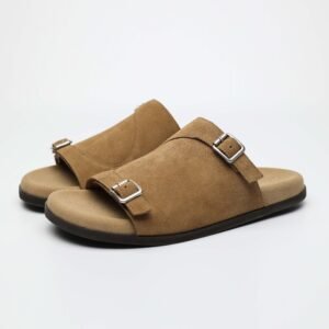 IMG11260 1 3CM Hidden Lift Sandals,Soft Footbed Slide Sandals,Double Buckle Suede Sandals,Japanese Style Suede Sandals,Calf Suede Comfort Sandals