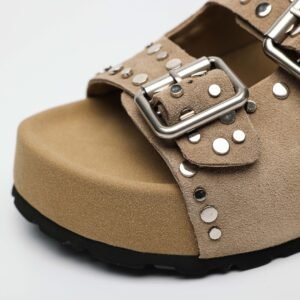 IMG11310 2 Soft Footbed Slide Sandals,Double Buckle Suede Sandals,Japanese Style Platform Sandals,Calf Suede Studded Sandals